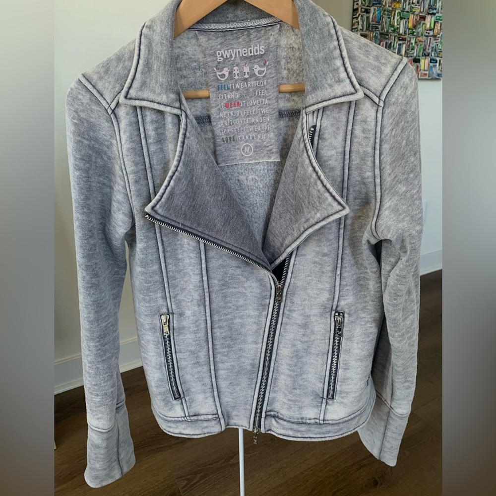 Gwynedds Gray Zip-Up Moto Jacket Sweatshirt